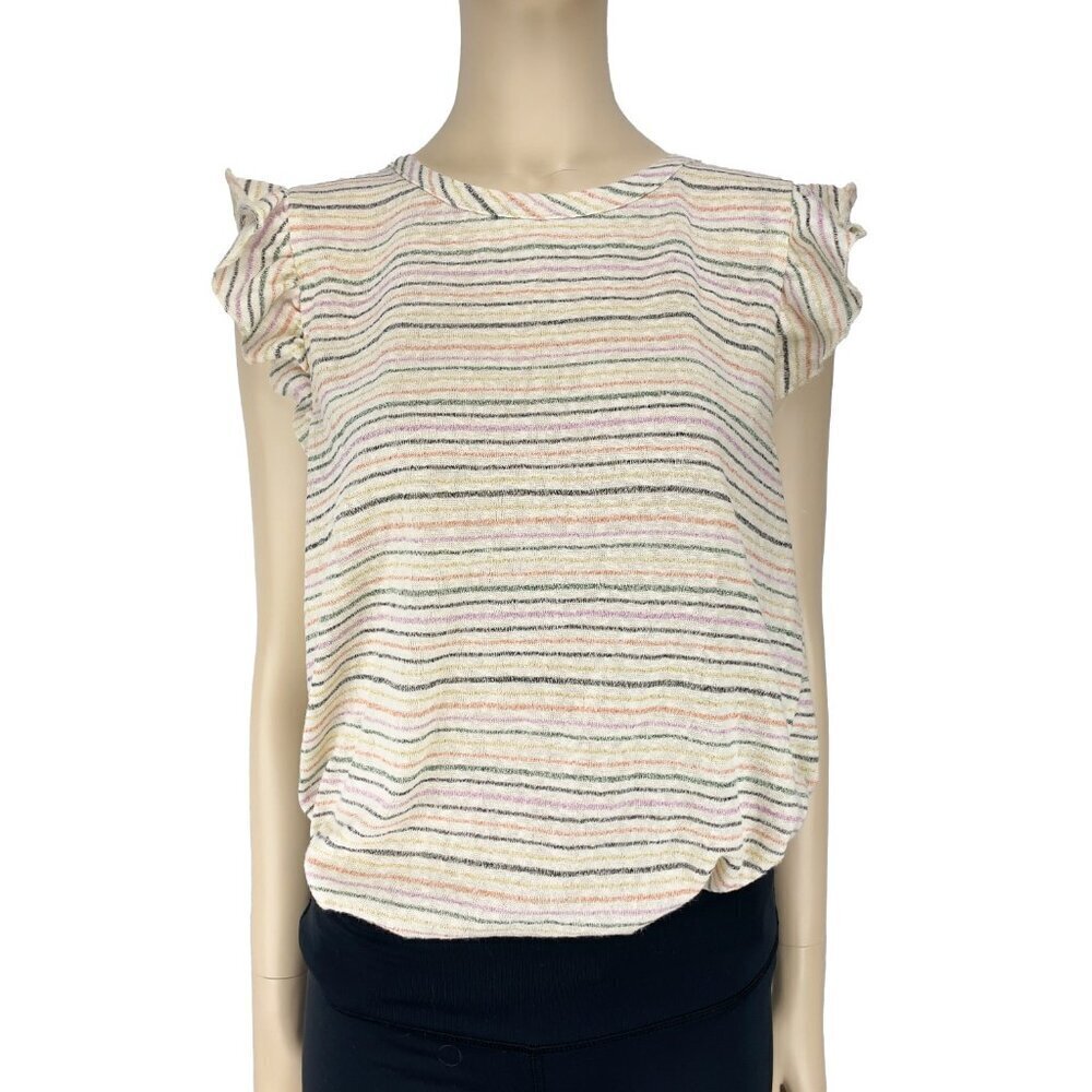 KIM & CAMI Sparkly Knitted Striped Rainbow Ruffles Sleeves White T-shirt Size XL